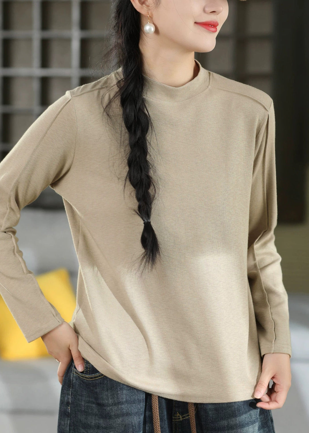 Women Yellow O Neck Patchwork Cashmere T Shirt Top Fall