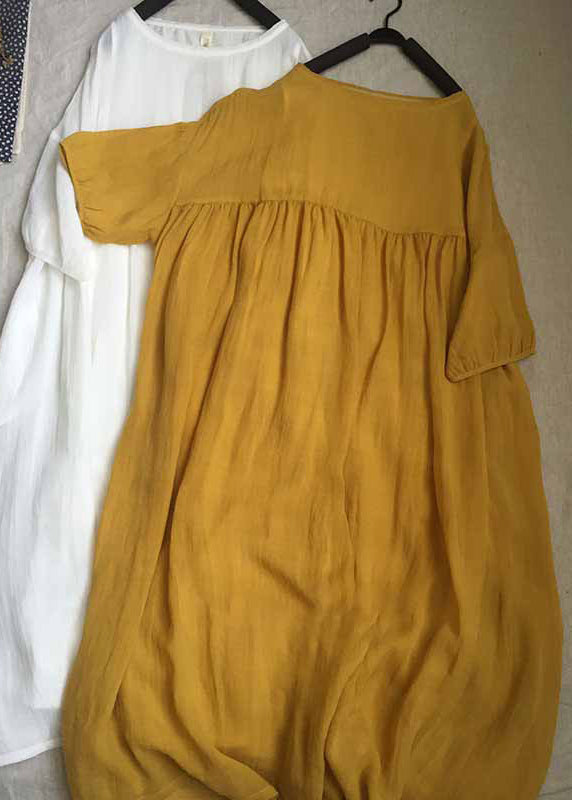 Women Yellow O-Neck Patchwork Wrinkled Long Dresses Short Sleeve
