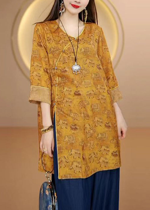 Women Yellow O Neck Print Oriental Button Silk Top Bracelet Sleeve