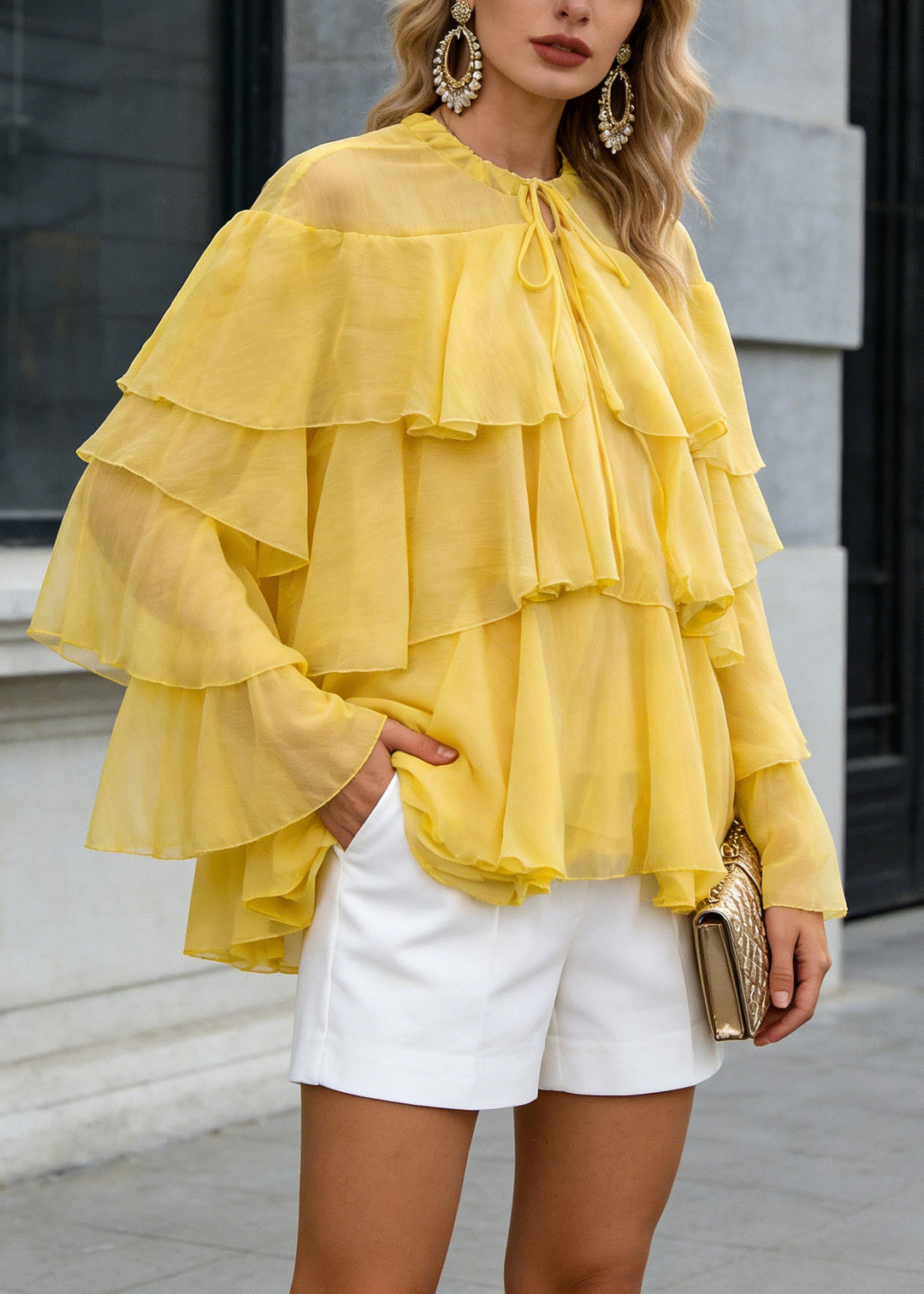 Women Yellow O Neck Ruffled Patchwork Chiffon Tops Spring