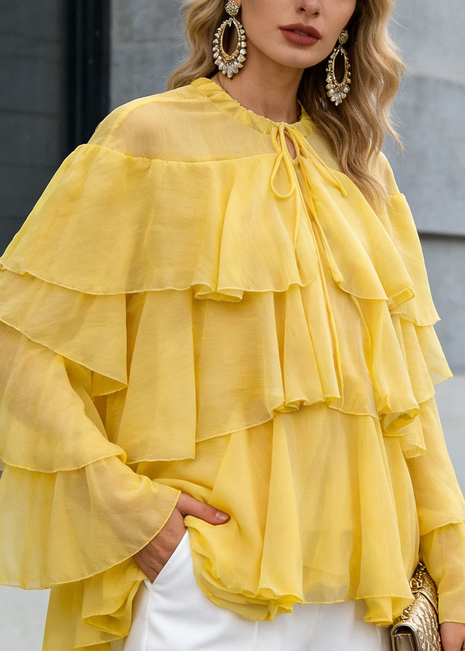 Women Yellow O Neck Ruffled Patchwork Chiffon Tops Spring