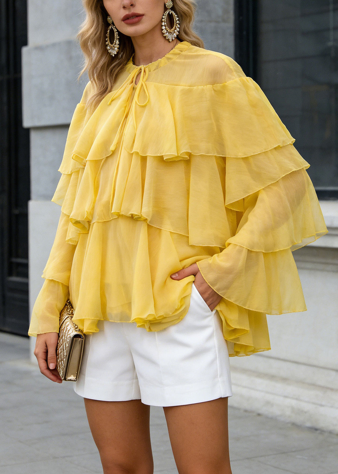 Women Yellow O Neck Ruffled Patchwork Chiffon Tops Spring