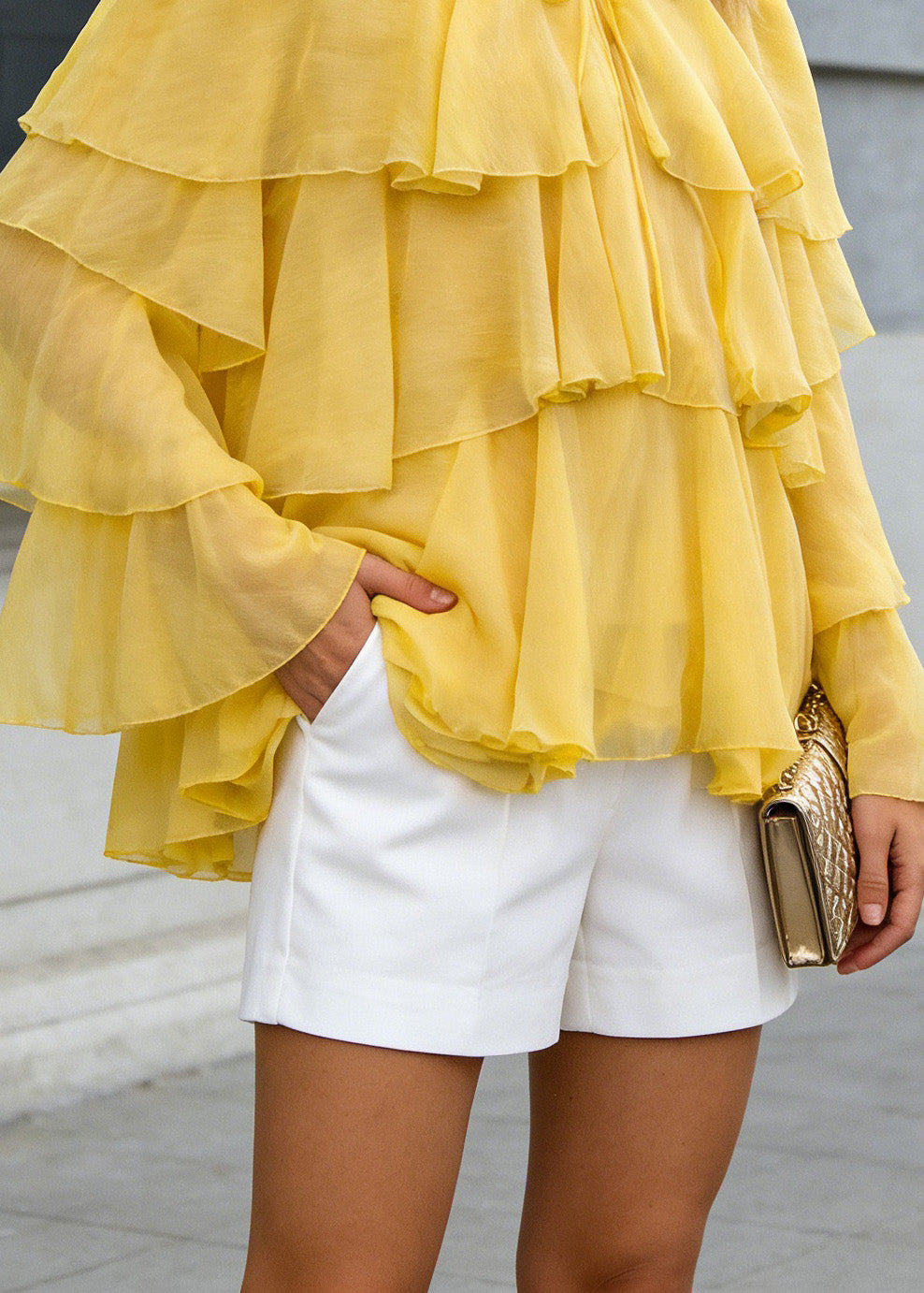 Women Yellow O Neck Ruffled Patchwork Chiffon Tops Spring