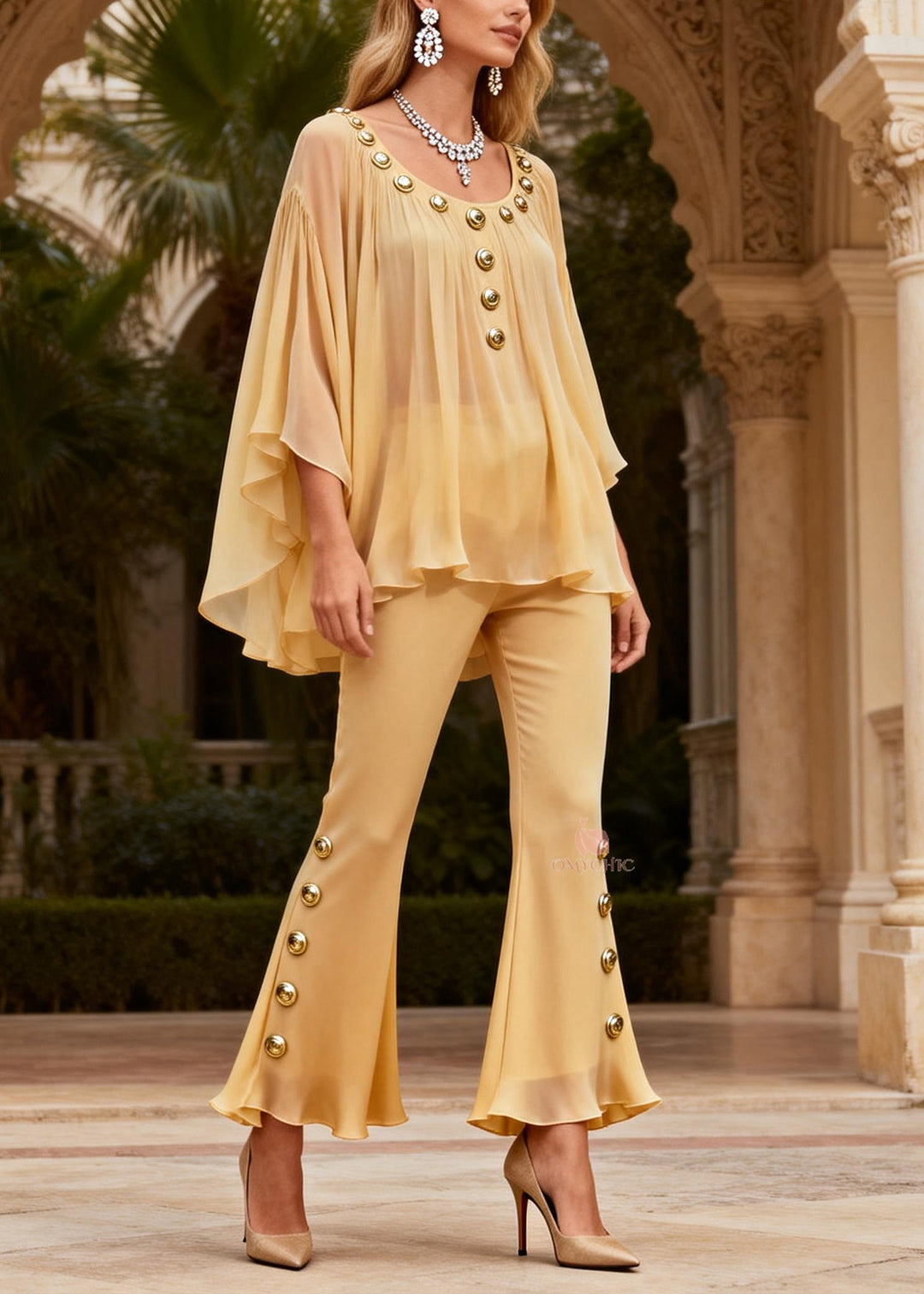 Women Yellow O Neck Sequined Silk Two-Piece Set Summer