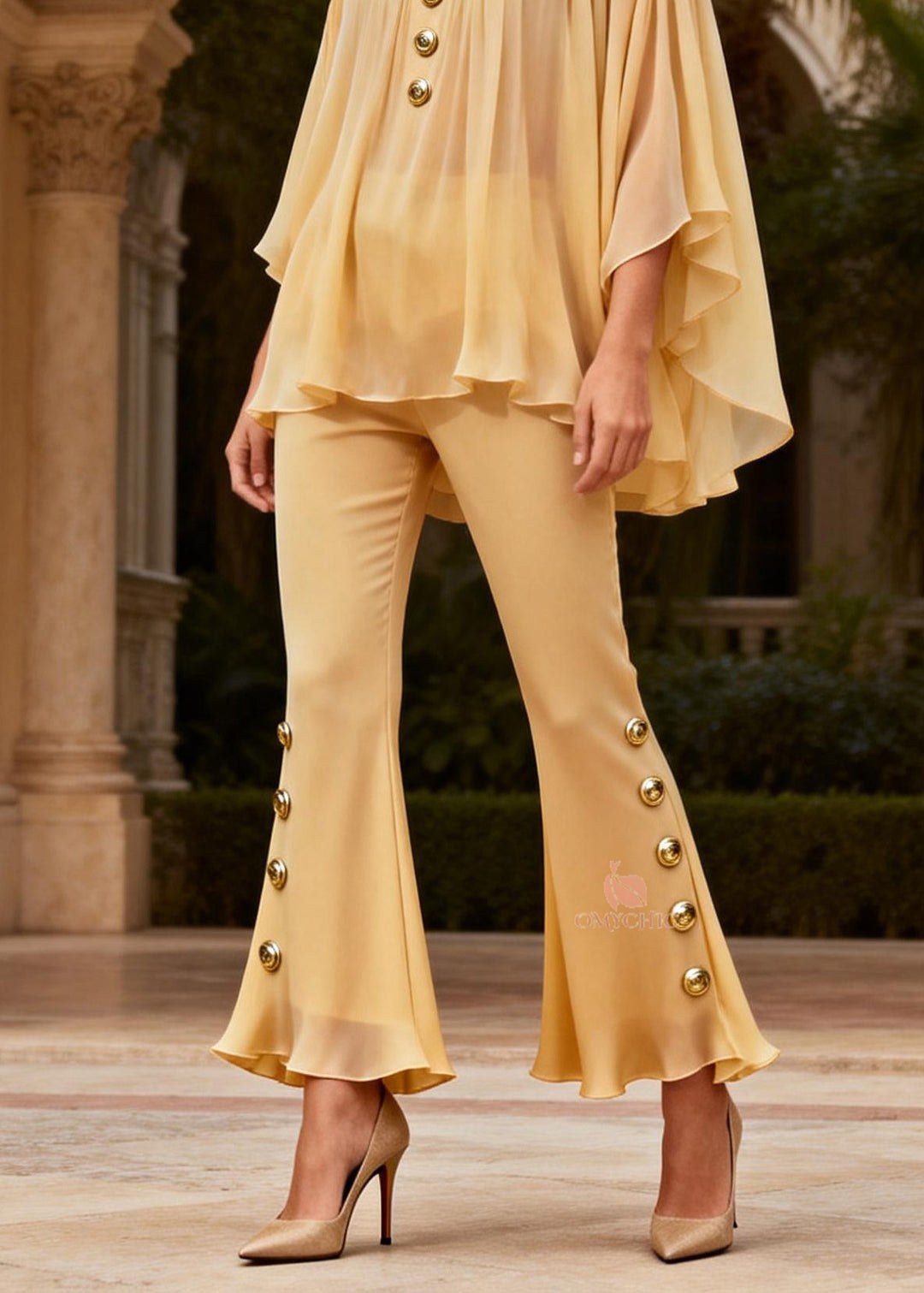 Women Yellow O Neck Sequined Silk Two-Piece Set Summer