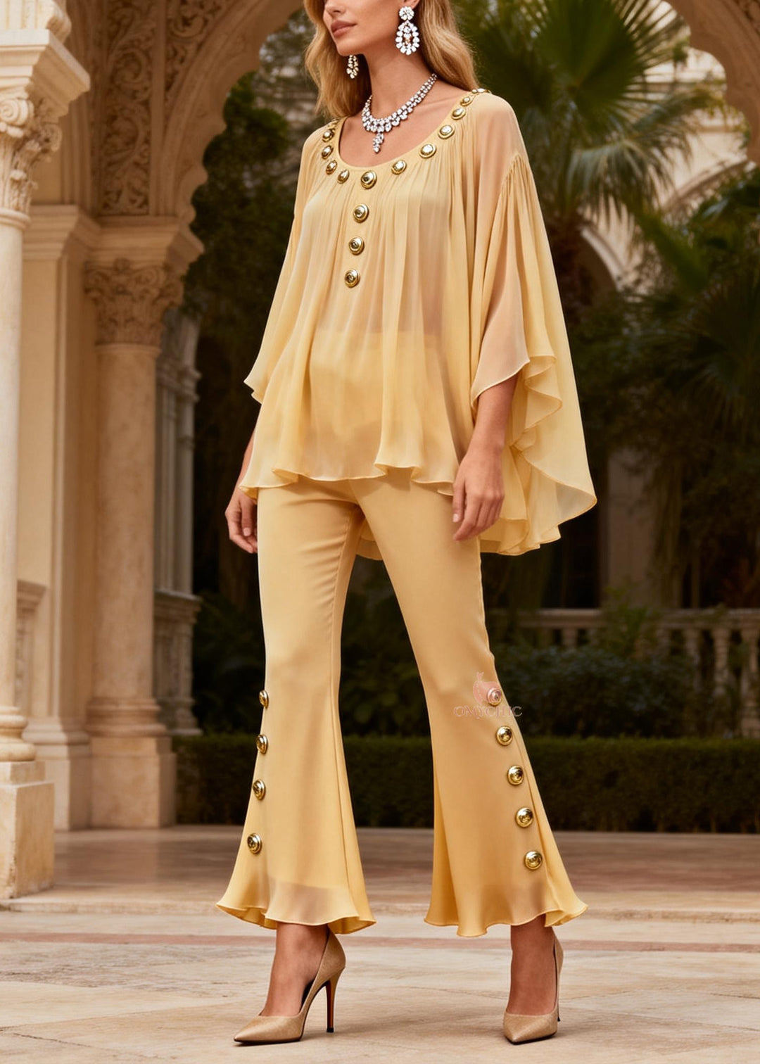 Women Yellow O Neck Sequined Silk Two-Piece Set Summer