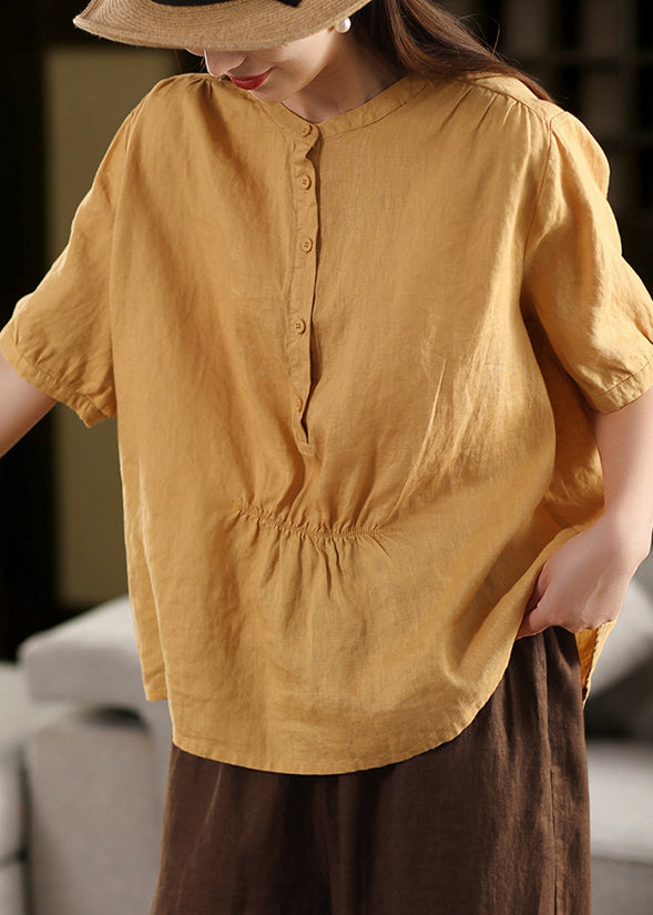 Women Yellow O Neck Wrinkled Linen Shirt Summer