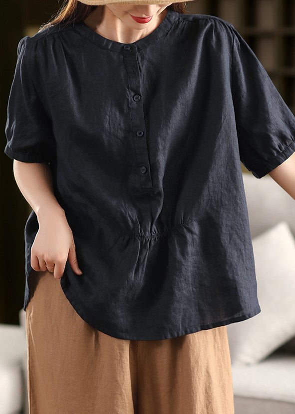 Women Yellow O Neck Wrinkled Linen Shirt Summer