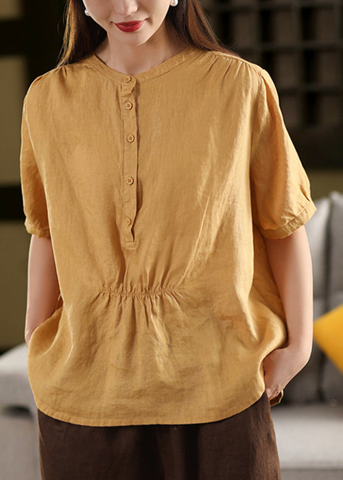 Women Yellow O Neck Wrinkled Linen Shirt Summer