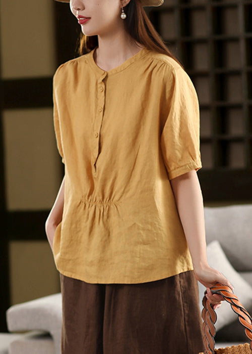 Women Yellow O Neck Wrinkled Linen Shirt Summer