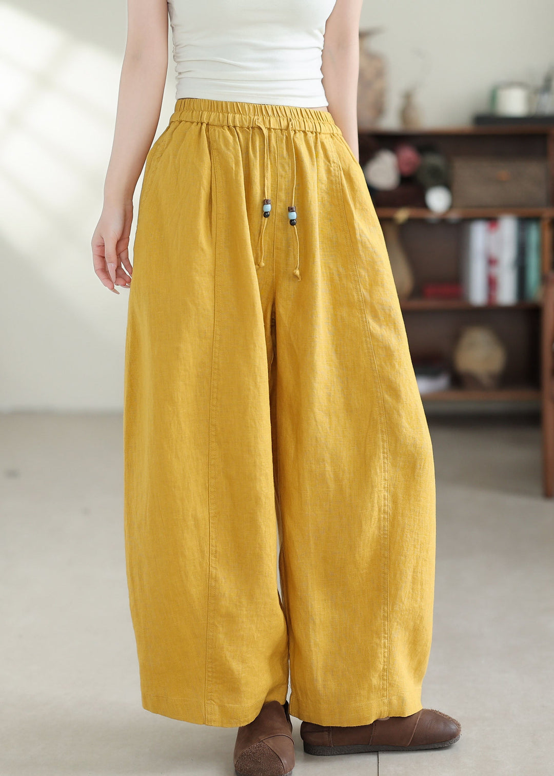 Women Yellow Oversized Linen Harem Pants Summer
