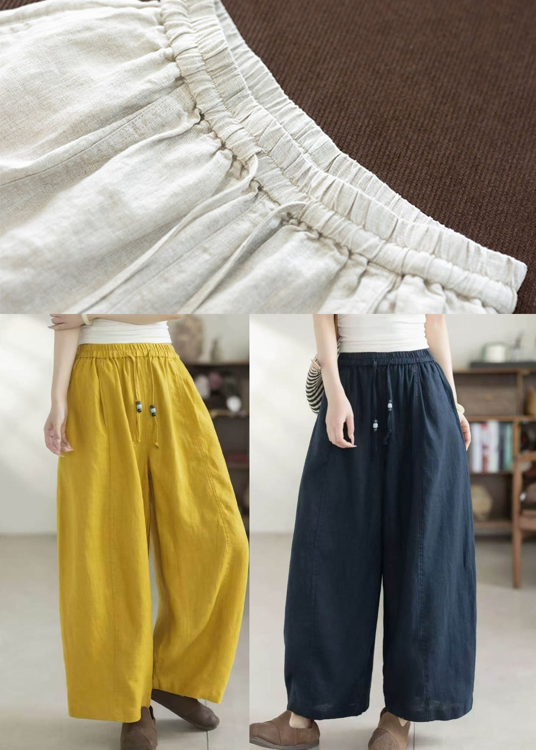 Women Yellow Oversized Linen Harem Pants Summer