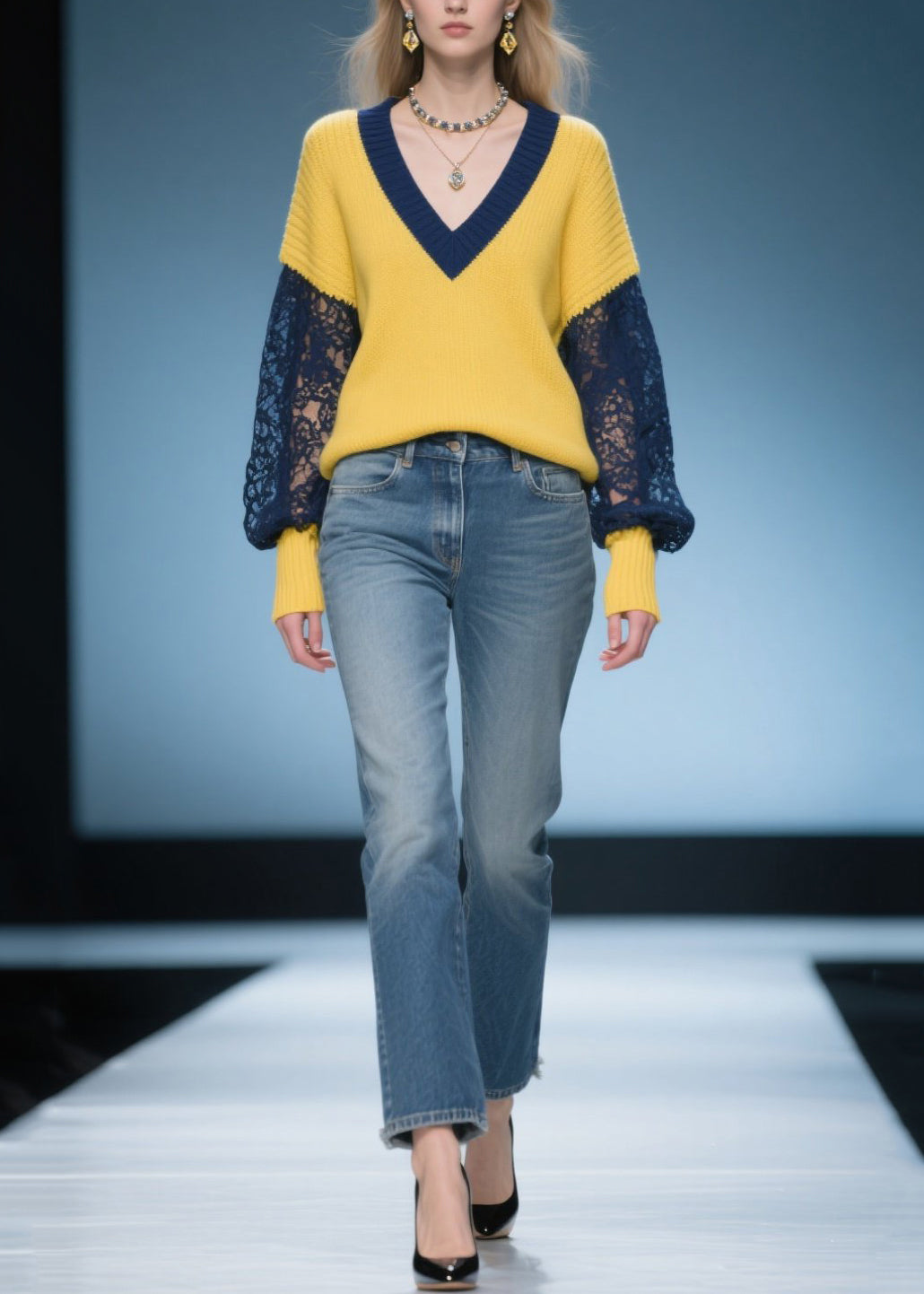 Women Yellow Oversized Patchwork Lace Sweaters Fall