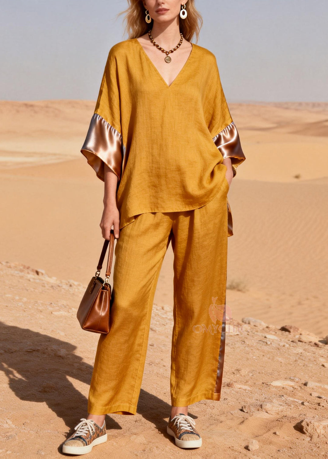 Women Yellow Oversized Patchwork Linen Silk Two Pieces Set Summer