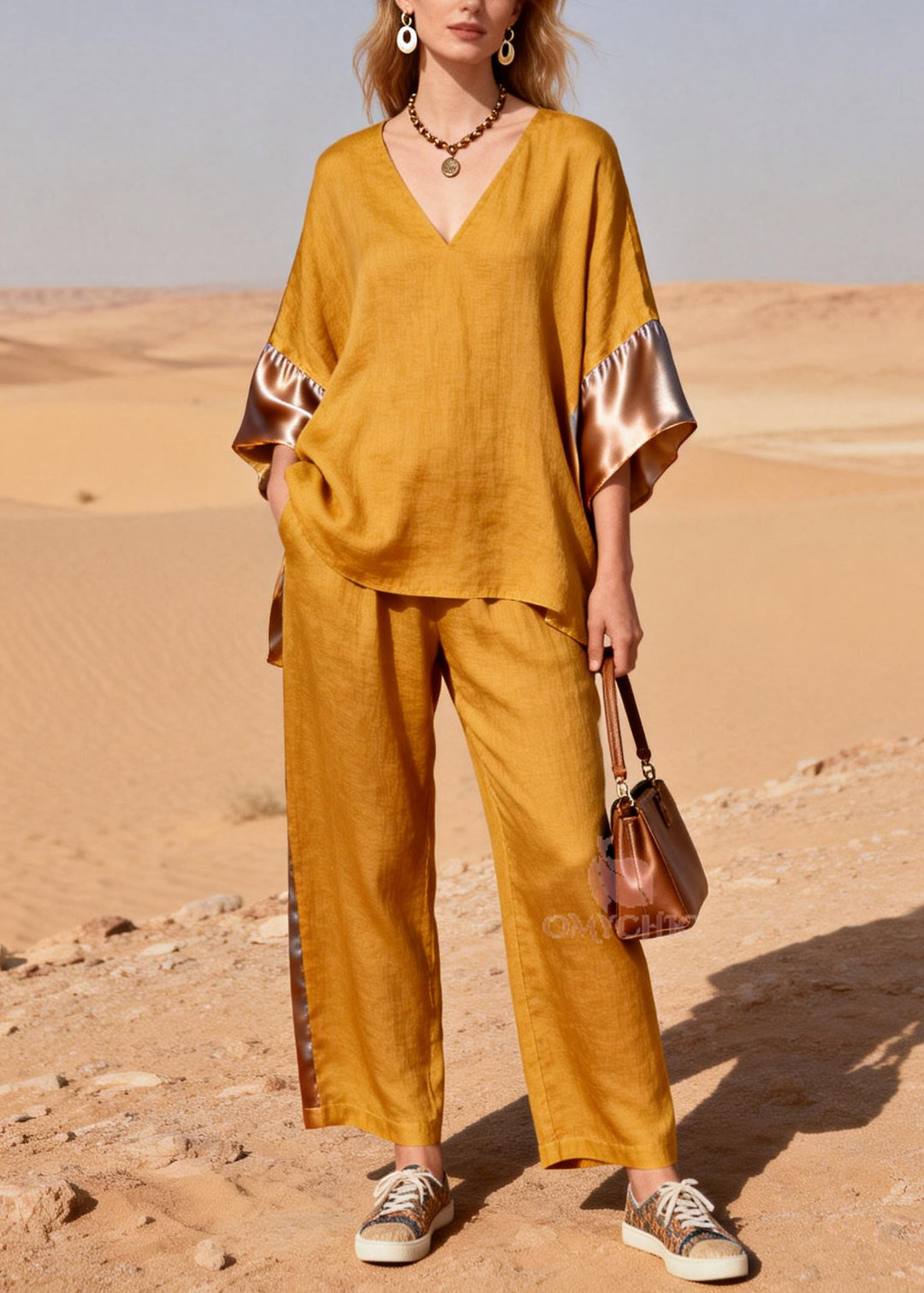 Women Yellow Oversized Patchwork Linen Silk Two Pieces Set Summer