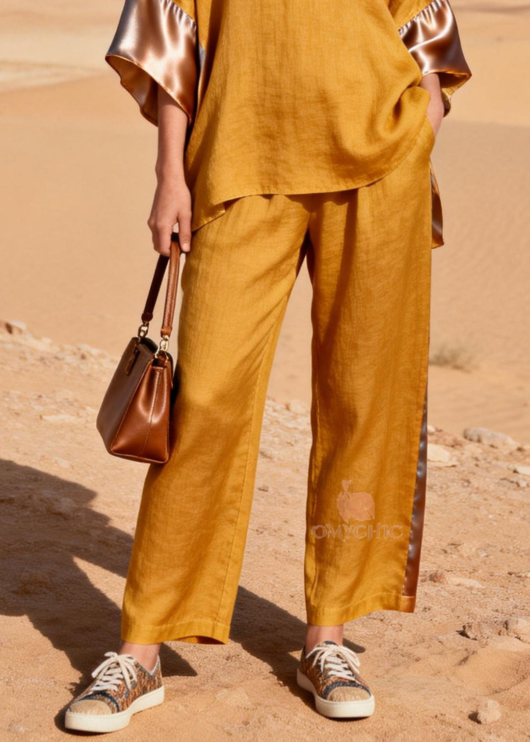 Women Yellow Oversized Patchwork Linen Silk Two Pieces Set Summer