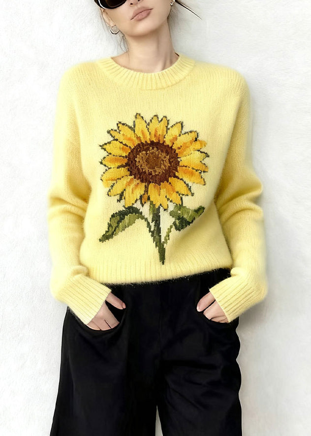 Women Yellow Oversized Sunflower Jacquard Knitted Tops Winter