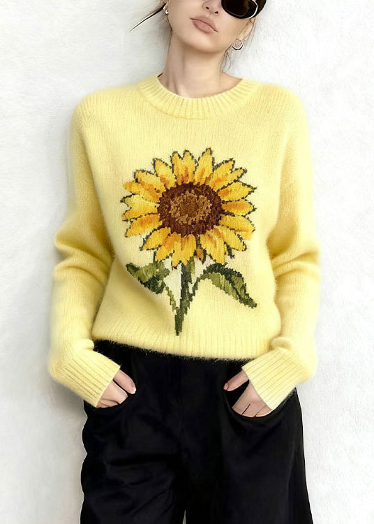Women Yellow Oversized Sunflower Jacquard Knitted Tops Winter
