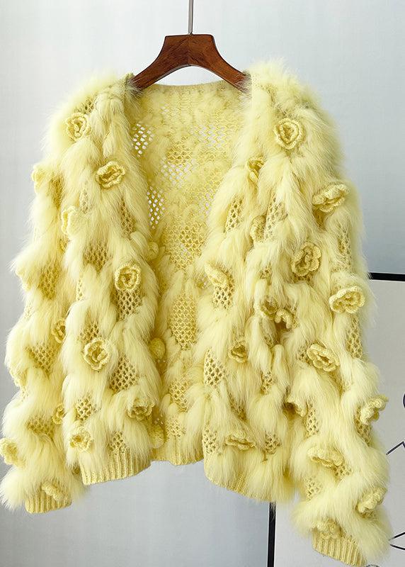 Women Yellow Patchwork Mink Hair Knitted Coats Lantern Sleeve
