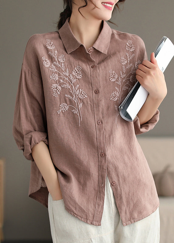 Women Yellow Peter Pan Collar Embroidered Button Cotton Blouse Spring