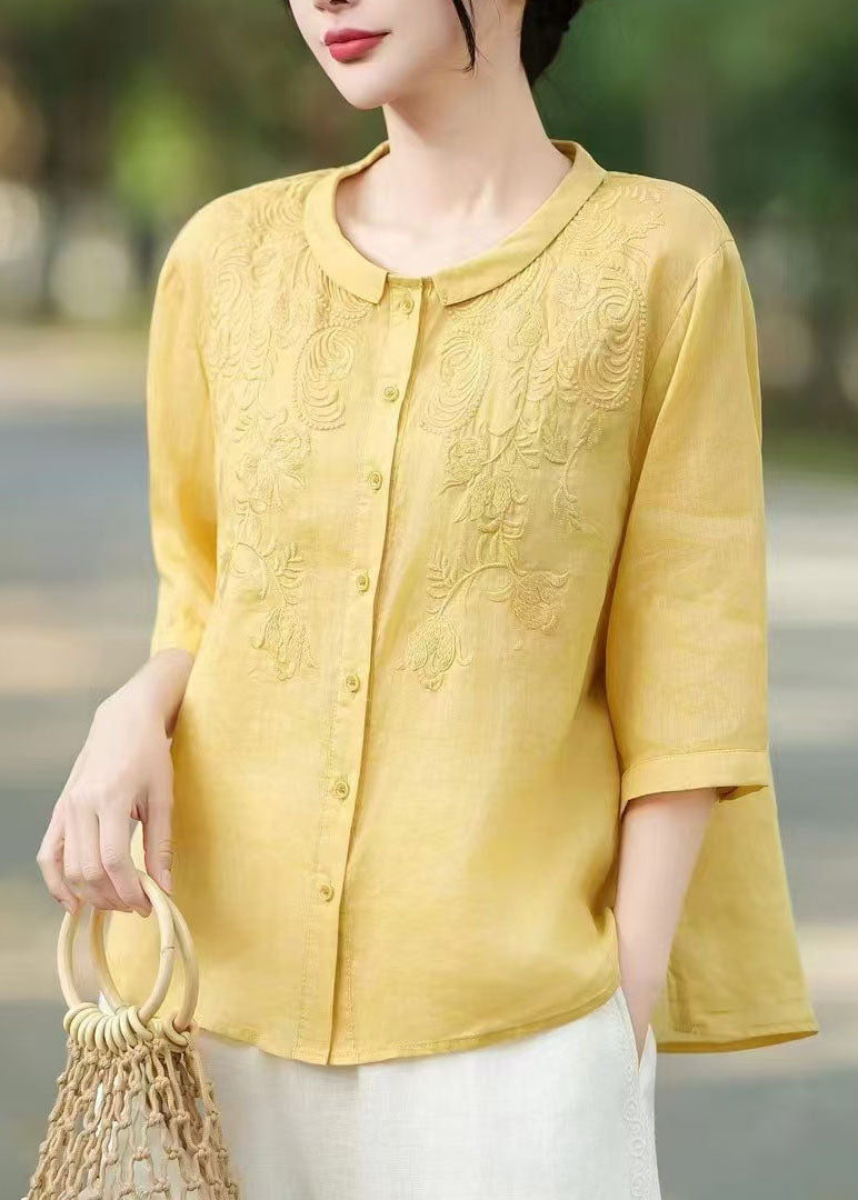 Women Yellow Peter Pan Collar Embroidered Linen Shirt Tops Half Sleeve