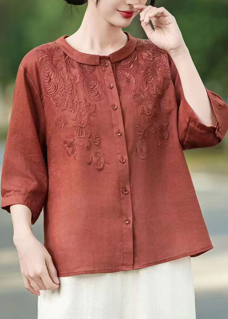 Women Yellow Peter Pan Collar Embroidered Linen Shirt Tops Half Sleeve