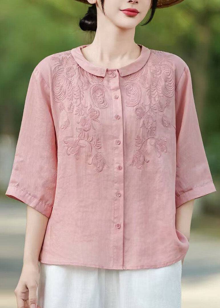 Women Yellow Peter Pan Collar Embroidered Linen Shirt Tops Half Sleeve