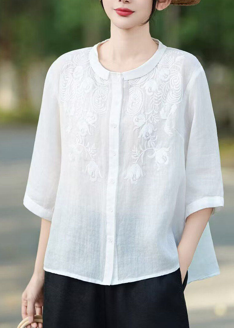 Women Yellow Peter Pan Collar Embroidered Linen Shirt Tops Half Sleeve