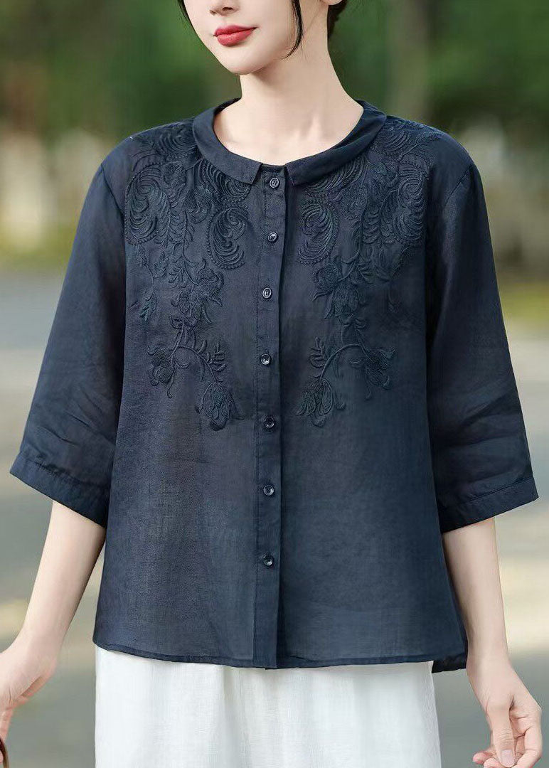Women Yellow Peter Pan Collar Embroidered Linen Shirt Tops Half Sleeve
