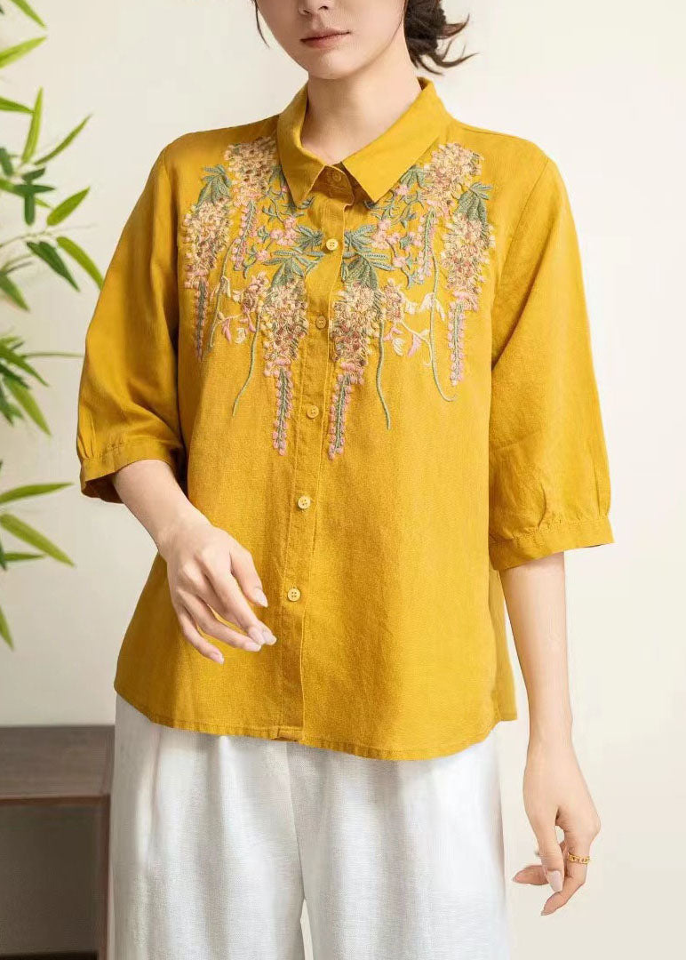 Women Yellow Peter Pan Collar Embroidered Linen Shirt Tops Summer