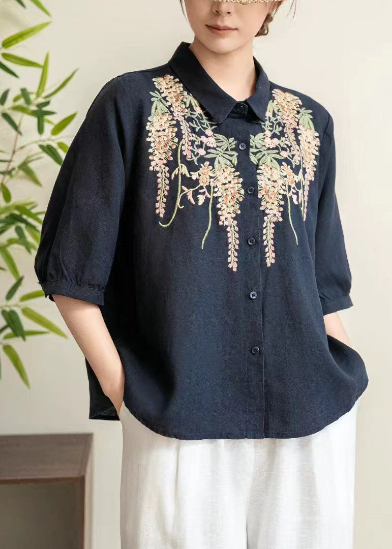 Women Yellow Peter Pan Collar Embroidered Linen Shirt Tops Summer
