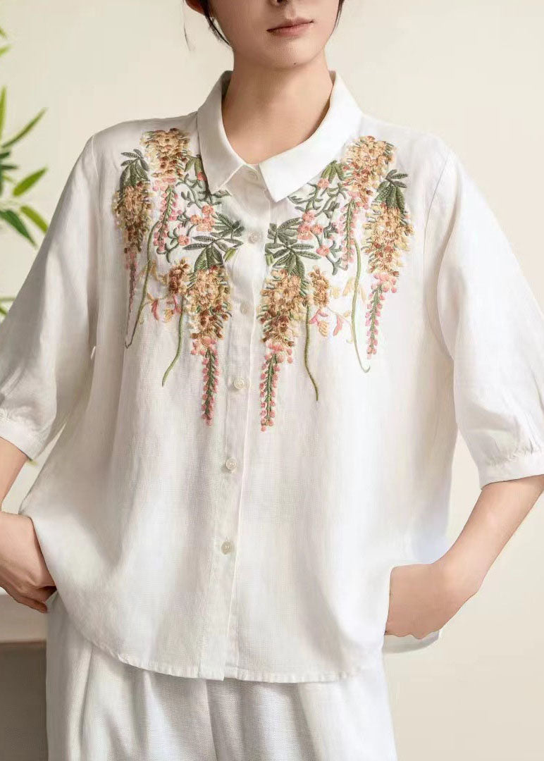 Women Yellow Peter Pan Collar Embroidered Linen Shirt Tops Summer