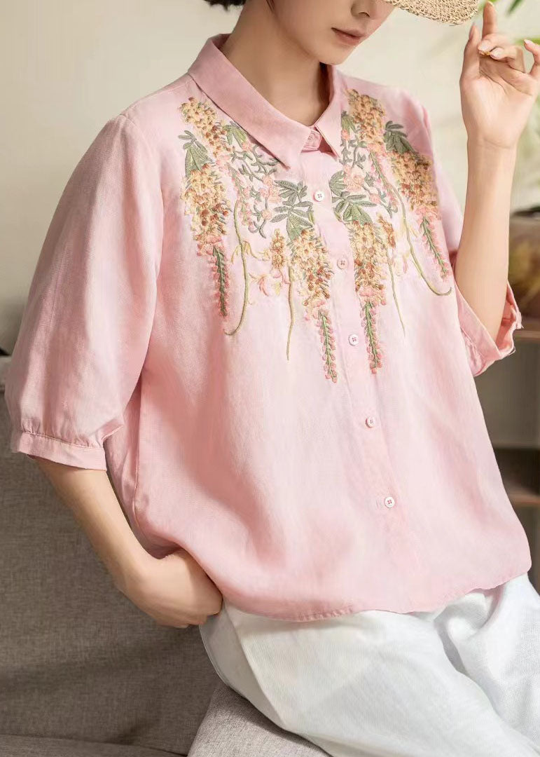 Women Yellow Peter Pan Collar Embroidered Linen Shirt Tops Summer