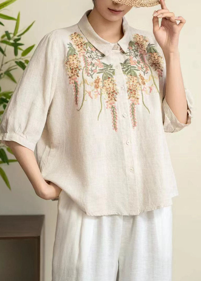 Women Yellow Peter Pan Collar Embroidered Linen Shirt Tops Summer