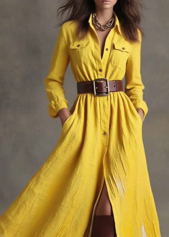 Women Yellow Peter Pan Collar Pockets Button Cotton Dress Spring