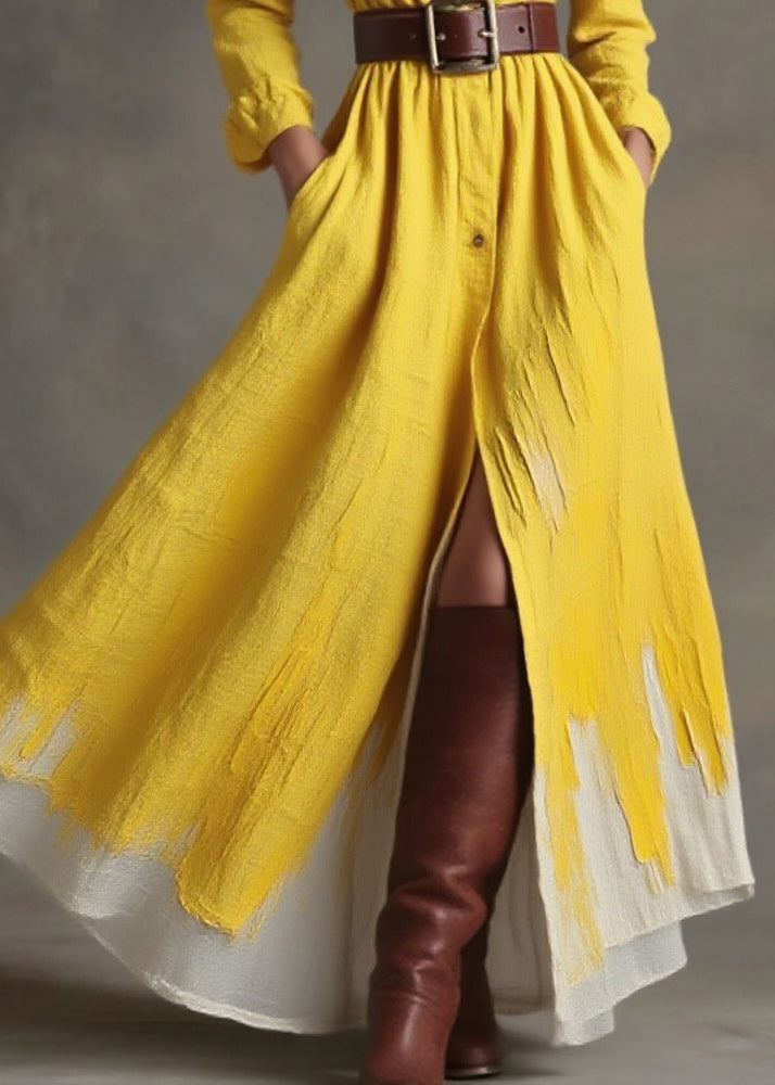 Women Yellow Peter Pan Collar Pockets Button Cotton Dress Spring