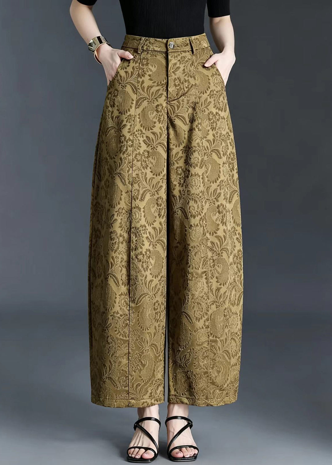 Women Yellow Pockets Jacquard Draping High Waist Wide Leg Crop Pants Fall