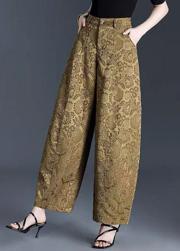 Women Yellow Pockets Jacquard Draping High Waist Wide Leg Crop Pants Fall