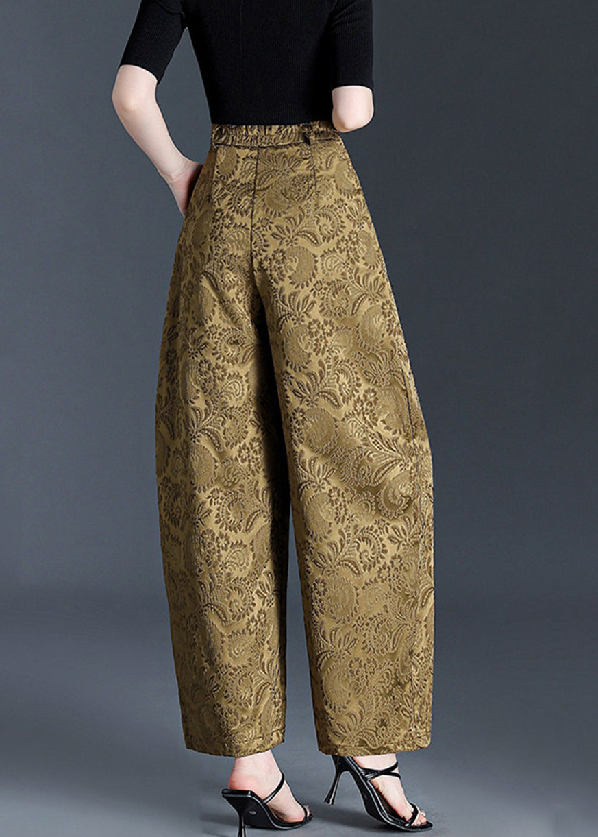 Women Yellow Pockets Jacquard Draping High Waist Wide Leg Crop Pants Fall