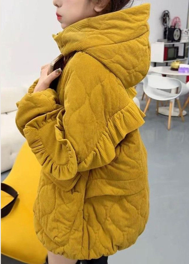 Women Yellow Ruffled Corduroy Fine Cotton Filled Jacket Winter