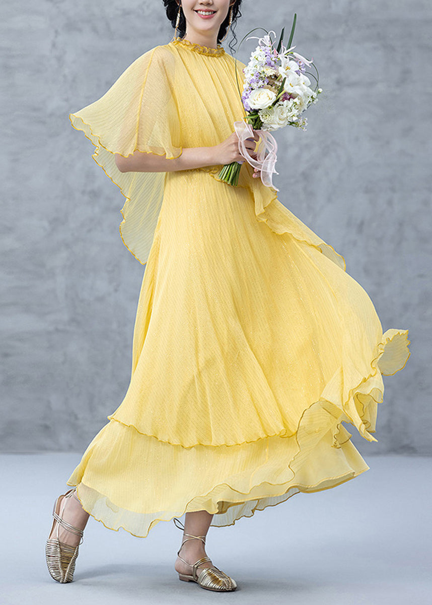Women Yellow Ruffled Layered Maxi Dress Cloak Sleeves