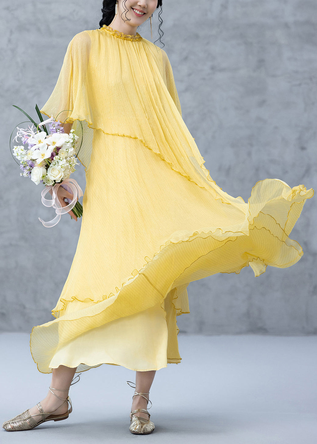 Women Yellow Ruffled Layered Maxi Dress Cloak Sleeves