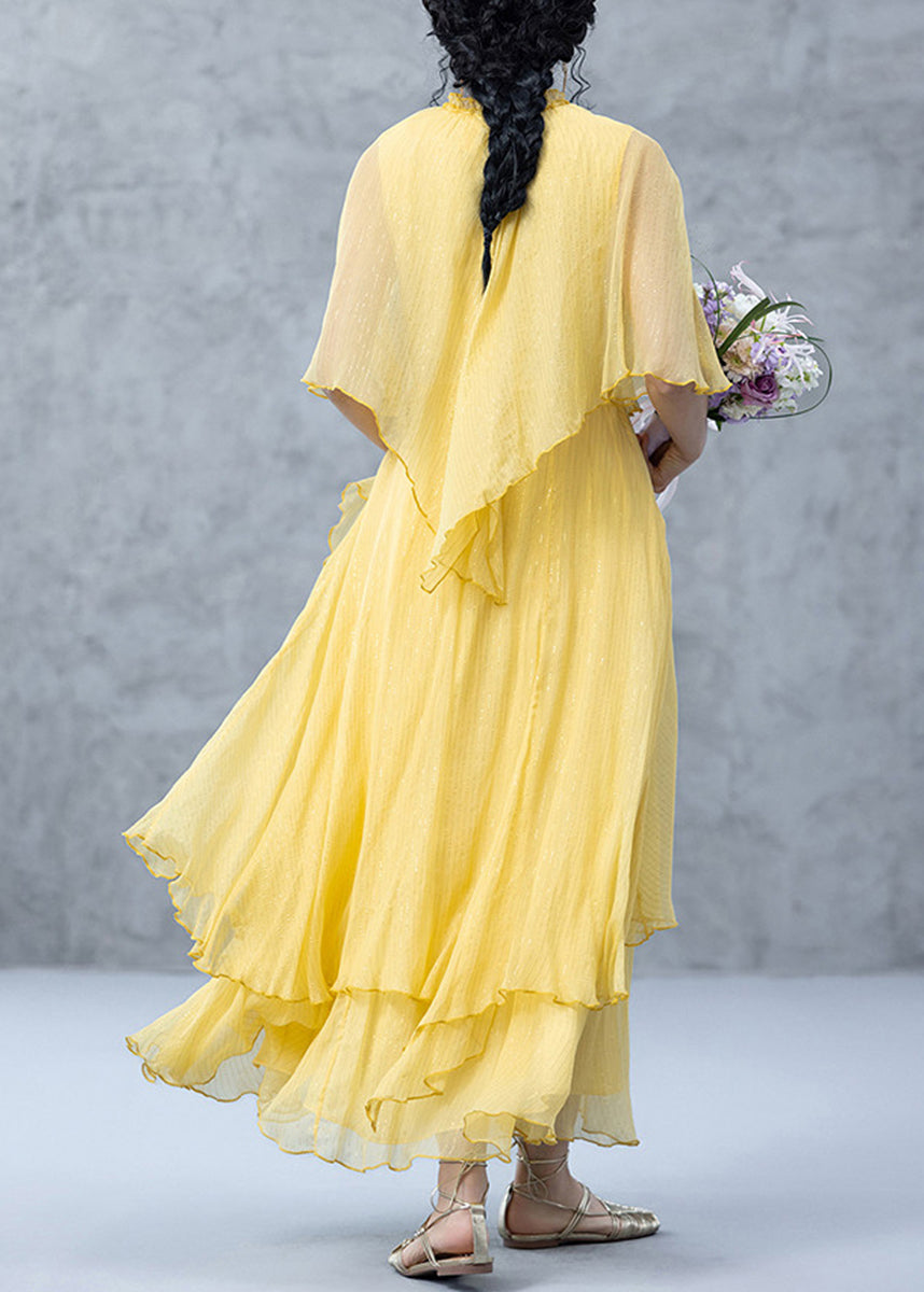 Women Yellow Ruffled Layered Maxi Dress Cloak Sleeves