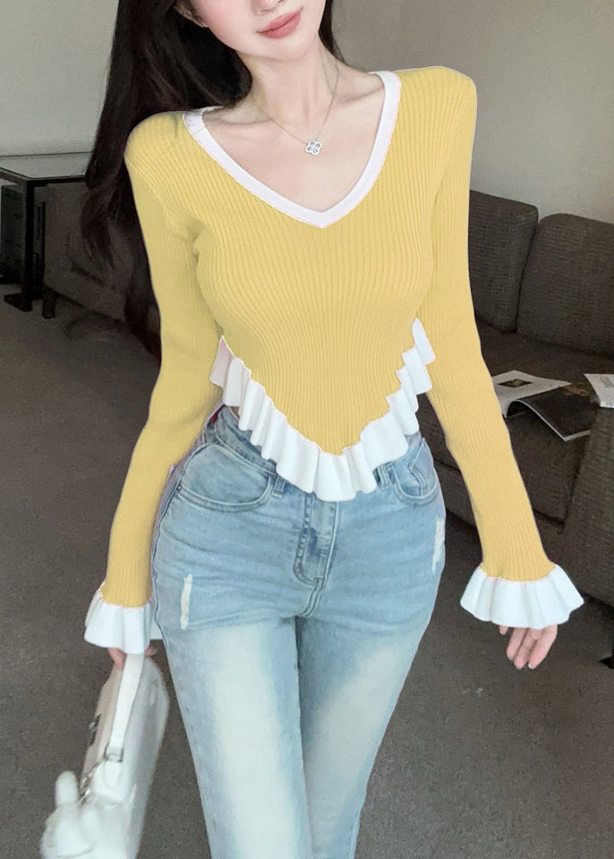 Women Yellow Ruffled Patchwork Knit Sweaters Flare Sleeve