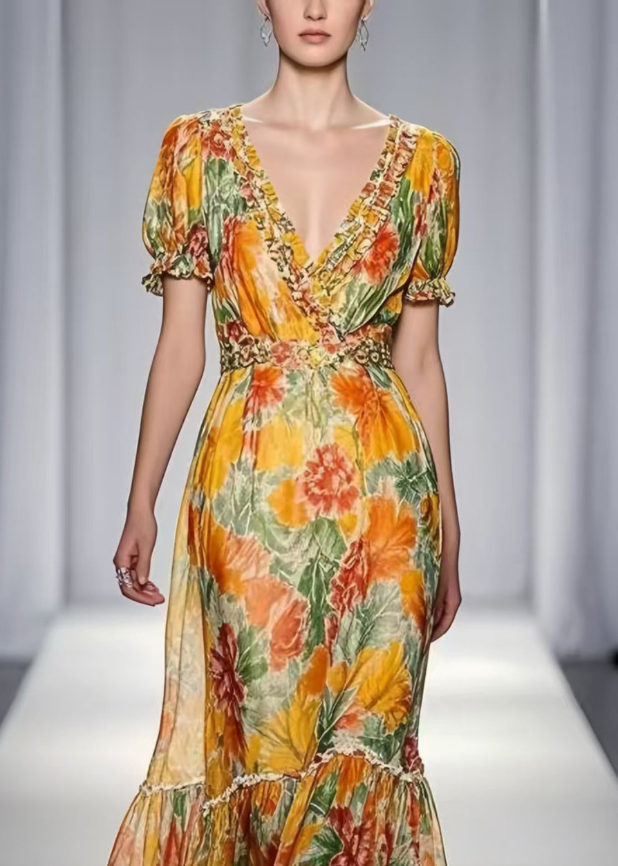 Women Yellow Ruffled Print Chiffon Dresses Summer