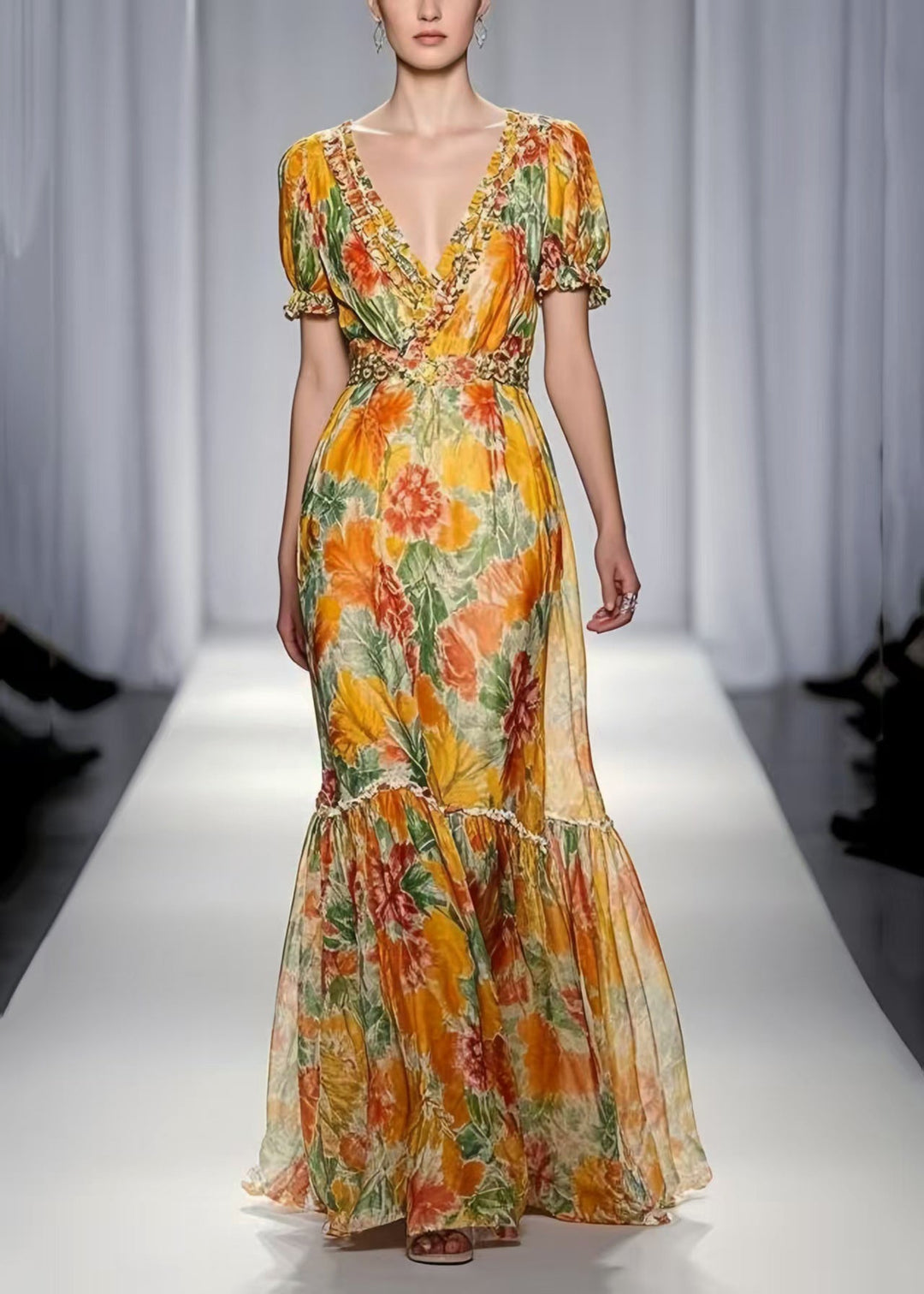 Women Yellow Ruffled Print Chiffon Dresses Summer