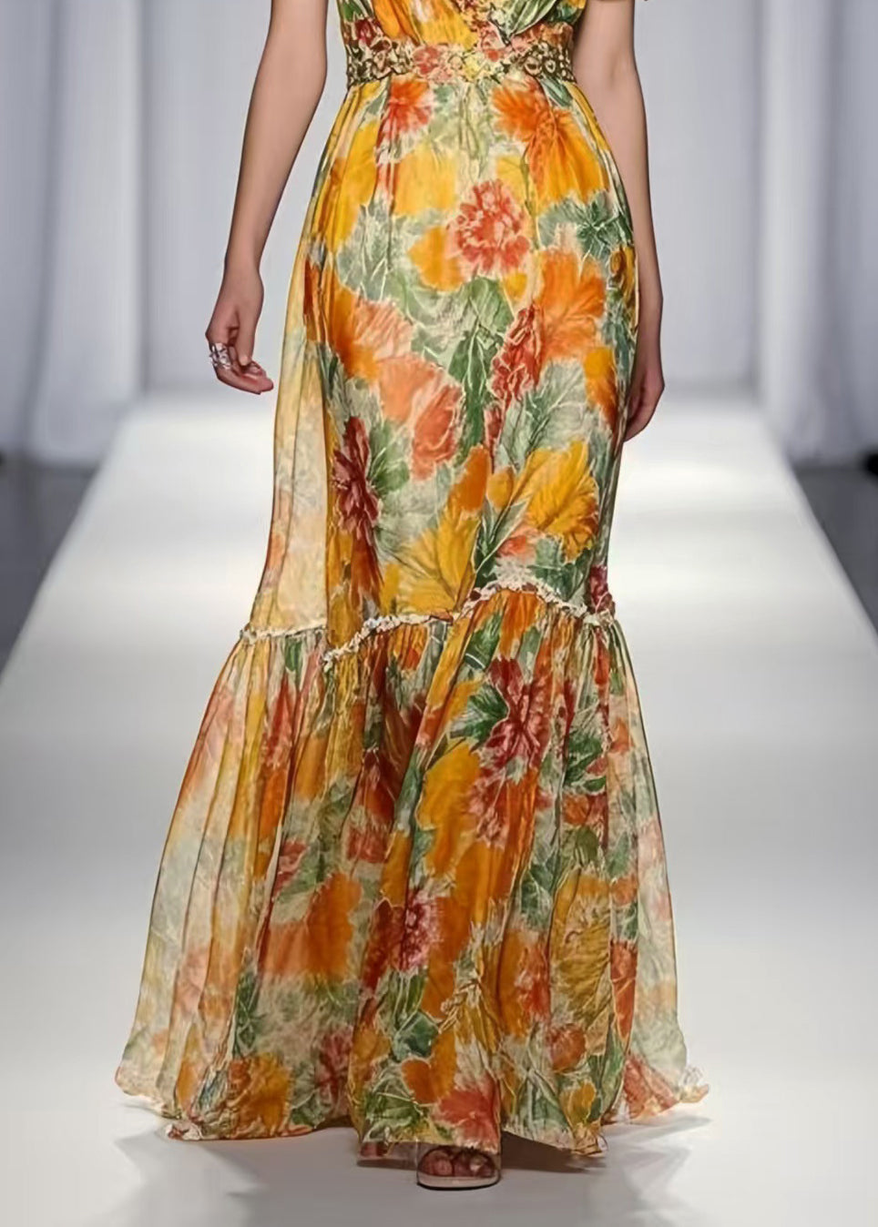 Women Yellow Ruffled Print Chiffon Dresses Summer