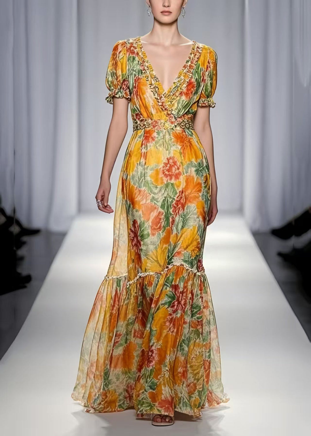 Women Yellow Ruffled Print Chiffon Dresses Summer