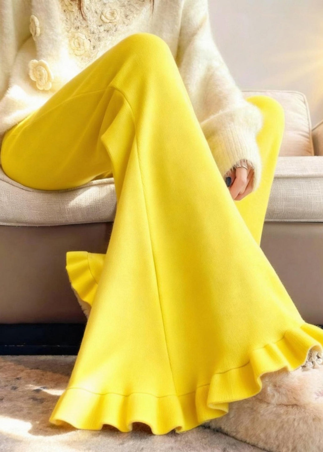 Women Yellow Ruffled Silm Fit Cotton Flared Trousers Winter