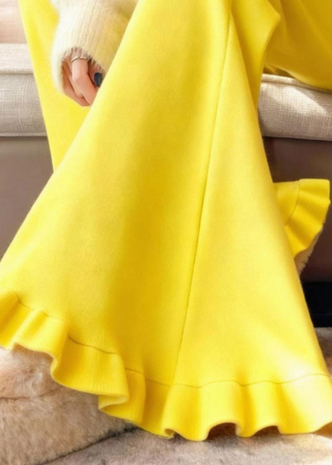 Women Yellow Ruffled Silm Fit Cotton Flared Trousers Winter
